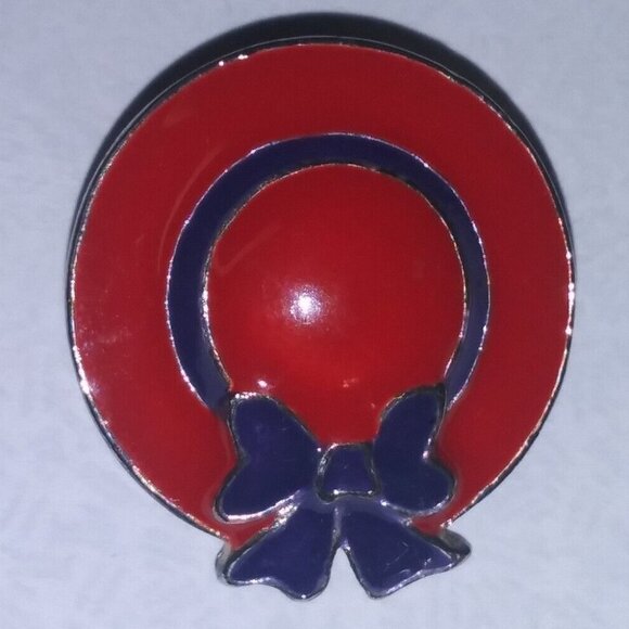 Red Hat Brooch Pin Enamel Purple bow Red Hat society Vintage 1" EUC pretty - Picture 3 of 4